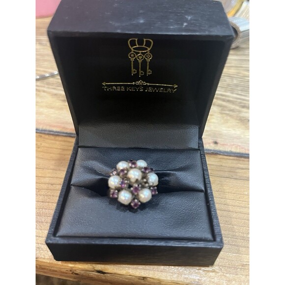 Jewelry - Vintage 10K Gold Seed Pearl Garnet Cluster Ring Victorian Style